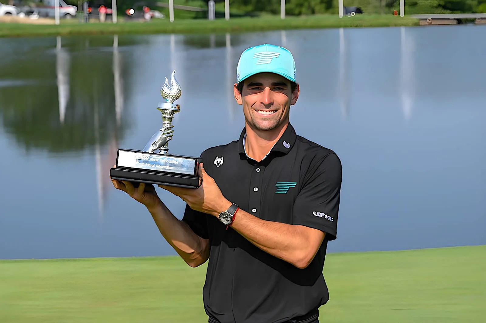 First place Individual Champion, Captain Joaquín Niemann of Torque GC poses for a photo with the trophy after the final round of LIV Golf New York