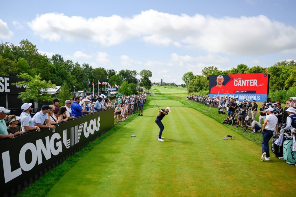 Laurie Canter of Majesticks Golf Club hits his shot from the first tee during the third round of LIV Golf Indianapolis