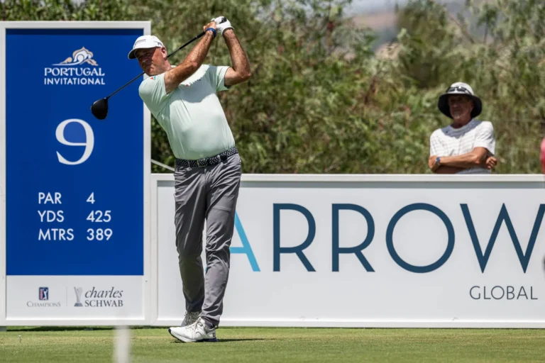 Stewart Cink during the second round of the Portugal Invitational at The Els Club Vilamoura, where he carded a tournament-best eight-under-par 64 to move into a share of the lead.