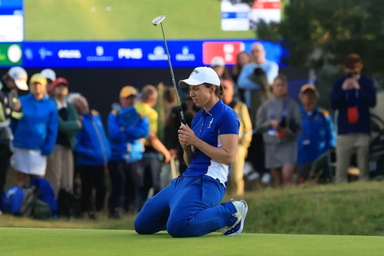 Carlota Ciganda of Europe reacts to a putt on the 17th green