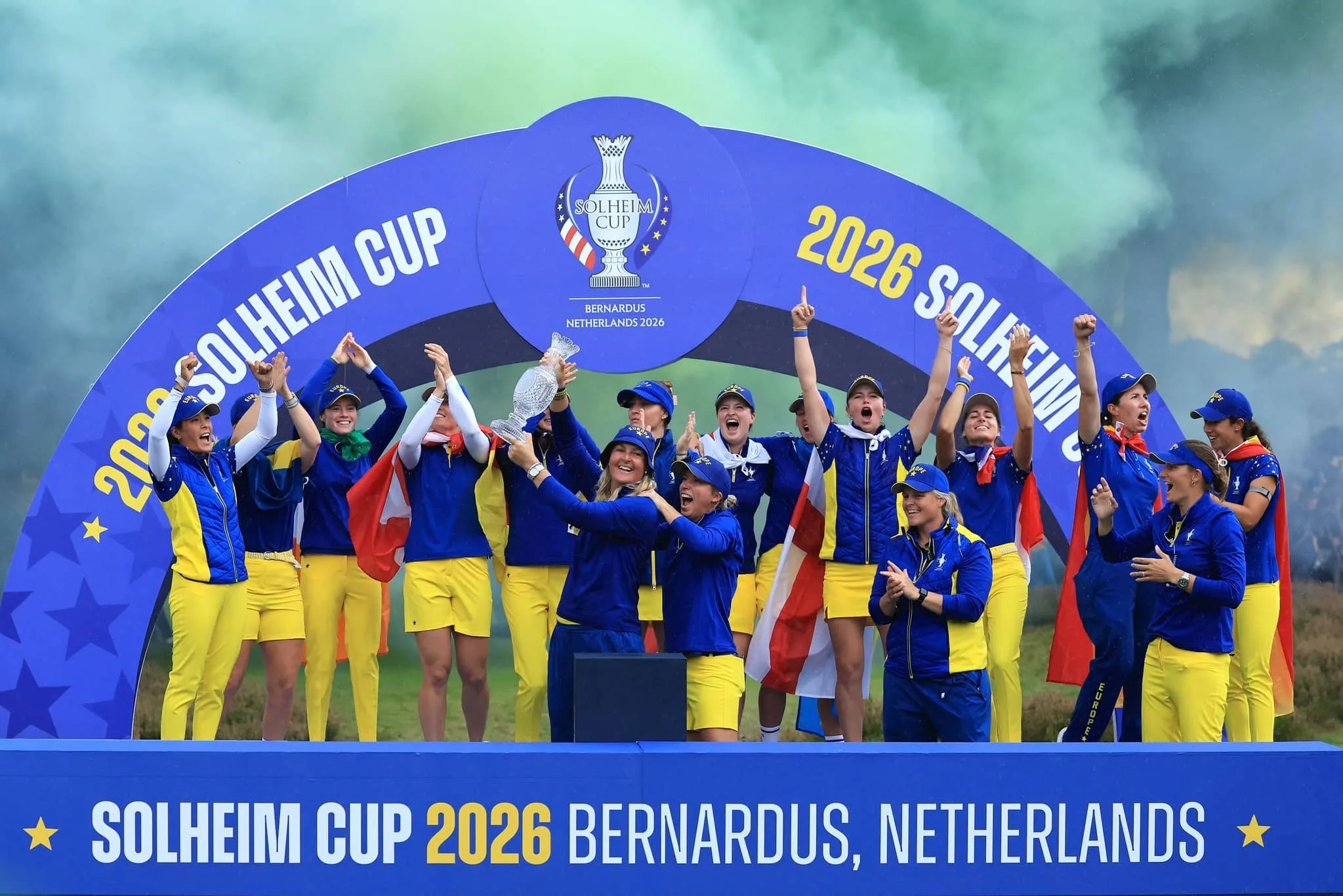 Europe Captain Anna Nordqvist lifts the trophy with her players