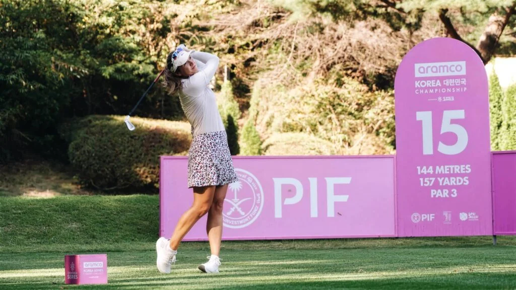 France’s Céline Herbin tees off on the par-3 15th hole during the 3rd round of the Aramco Korea Championship at New Korea Country Club
